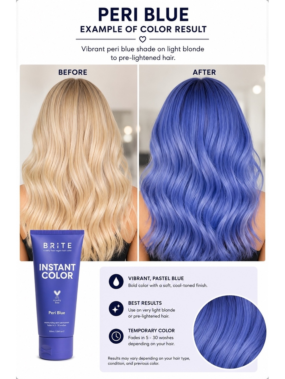 BRITE Instant Color Peri Blue Semi-Permanent Vegan Hair Color 100ml Cruelty-Free